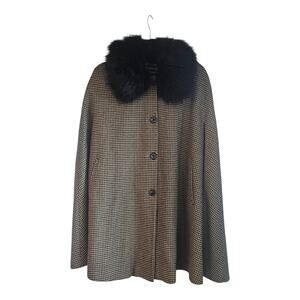Zara Woman Size M Cape Coat Houndstooth Removable Faux Fur Collar Wool Blend